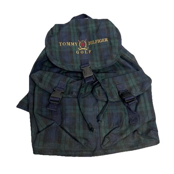 Vintage Tommy Hilfiger Spell Out Drawstring Cinch Backpack Navy Blue Green Plaid